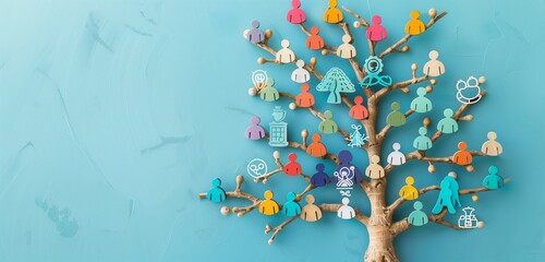 Conceptual image of a tree with people icons on light blue, emphasizing HR unity.