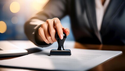 A professional person uses a stamp on documents, symbolizing approval or validation in a business environment.
