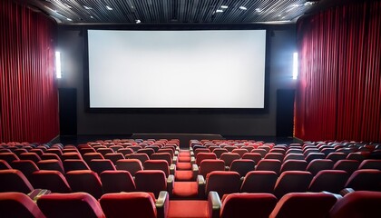 A spacious cinema interior featuring red seats and a large blank screen, ready for the next movie audience.