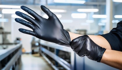 worker hands wearing black nitrile gloves in factory safety labor workplace protection kitchen chef hand closeup view. 3d render. ai generative