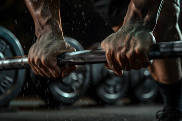 A close-up of a person's hands gripping a barbell, ready for a lift. The image highlights the strength and preparation involved in weightlifting, with chalk particles