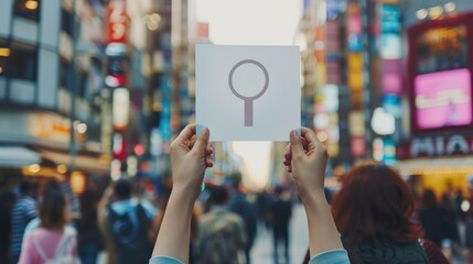 woman holding paper with symbols of men and women in the city