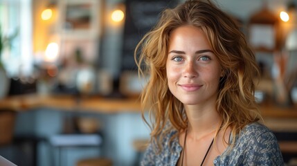 Smiling Woman With Blonde Hair in a Cafe