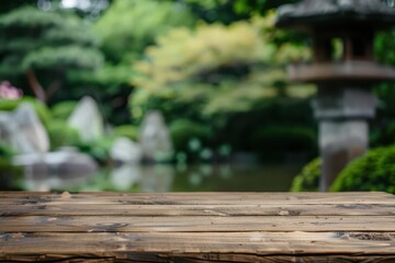 Fototapeta premium A wood table with a Zen style in a quiet garden, emphasizing tranquility and harmonious design, banner, with copy space