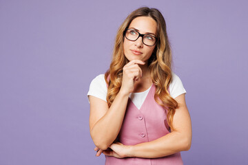 Young minded successful employee business woman corporate lawyer wears white t-shirt vest glasses...