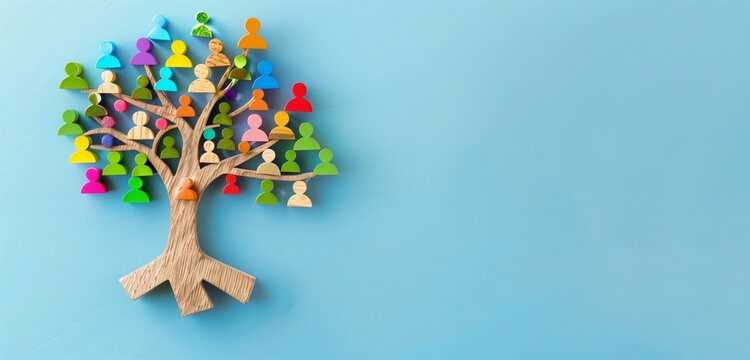 Wooden tree on light blue connects people icons, representing HR team building.