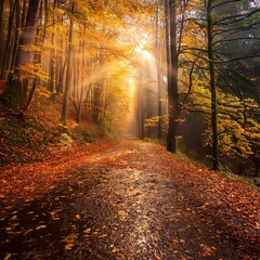 단풍으로 뒤덮인 고요한 숲길, 나무 사이로 황금빛 빛, Quiet forest path covered with autumn leaves, golden light through the trees