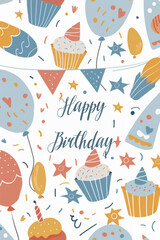 Colorful Birthday Celebration Greeting Card with Balloons and Cupcakes