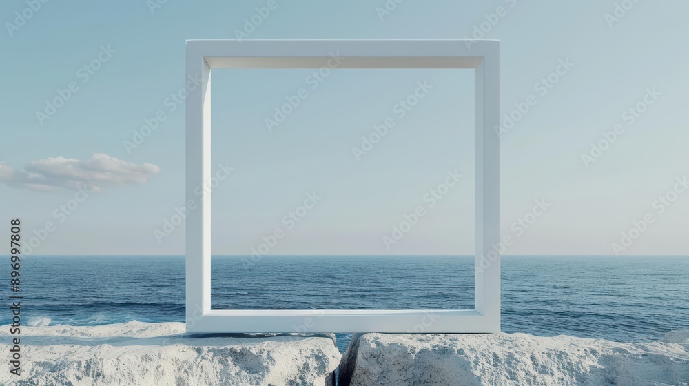 Poster an empty advertise blank frame on a dynamic style background with an energetic seaside scene, banner