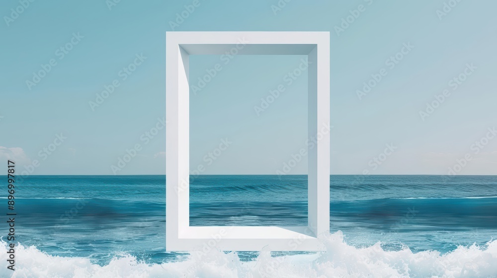 Aufkleber an empty advertise blank frame on a dynamic style background with an energetic seaside scene, banner
