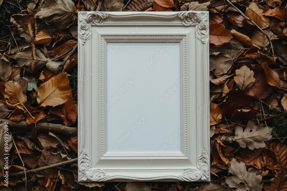 Poster an empty advertise blank frame on a relaxing style background with a tranquil forest path, banner, w