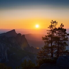 나무와 산의 실루엣 사이로 지는 태양, The sun setting between the silhouettes of trees and mountains