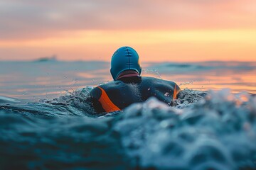 Swimmer in wetsuit and cap in the open water during sunset. Vibrant, sporty and energetic vibe. Ideal for sports, outdoor adventure, and fitness themes. Generative AI