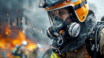 Naklejka premium A firefighter adjusting their respirator mask before entering a burning building.