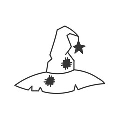 Witch Hat with Patches Doodle Line Icon. Hand drawn witchcraft head accessory decorated with star. Isolated vector illustration.