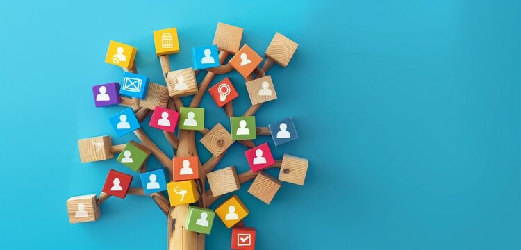 Top view of a wooden tree illustrates network connections in a social media style.