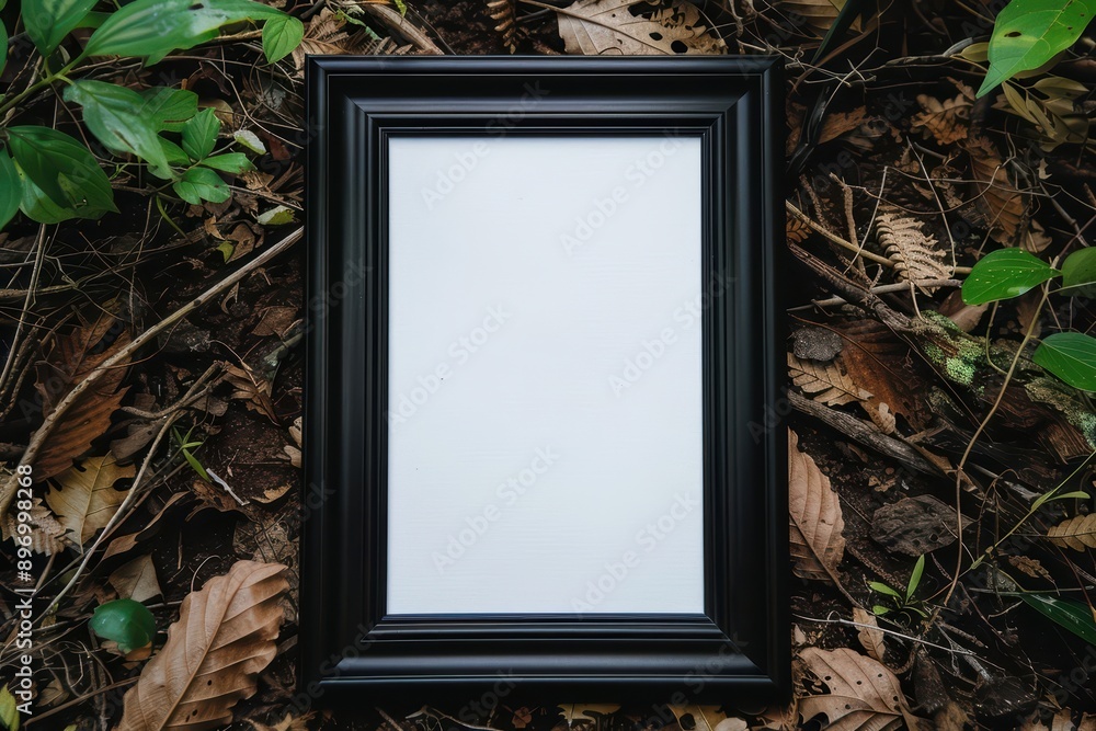 Poster an empty advertise blank frame on a relaxing style background with a tranquil forest path, banner, w