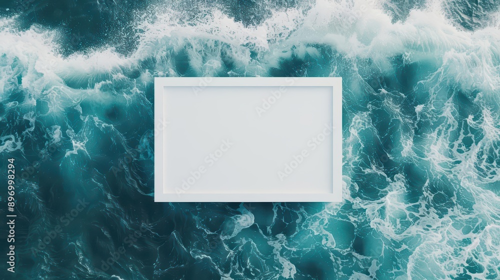 Poster an empty advertise blank frame on a dynamic style background with an energetic seaside scene, banner