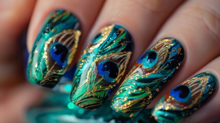 Vibrant Peacock Feather Nail Art Design Closeup, Perfect for Fashion and Beauty Inspiration