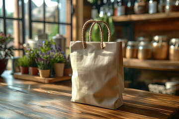 A mockup of a burlap bag standing on a table in the living room of a country house