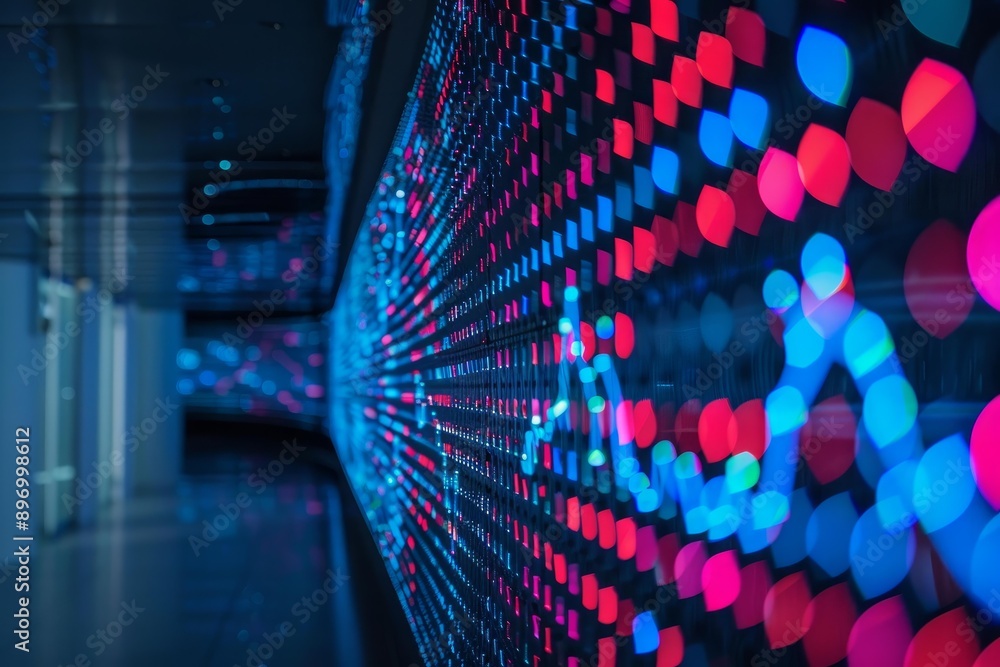 Poster big data being displayed on a wall of servers showing colorful graphs in a datacenter