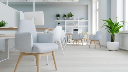 Fototapeta premium An office with a coastal style interior, featuring light colors, nautical decor, and a breezy, relaxed vibe, banner, with copy space