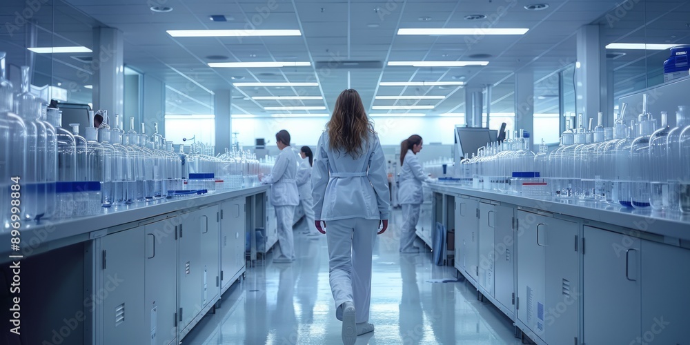 Poster scientist walking through a high-tech laboratory with colleagues working at stations and advanced eq