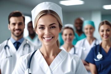 Fototapeta premium group of smiling doctors and nurses in hospital