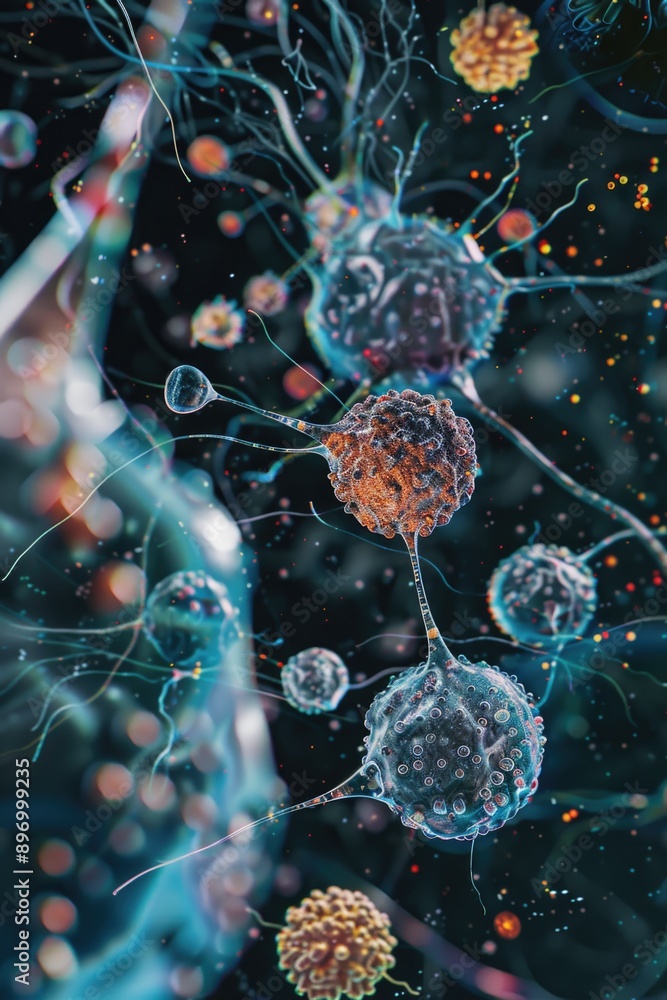 Poster microscopic image of viral particles infecting host cells, illustrating the complex interactions bet