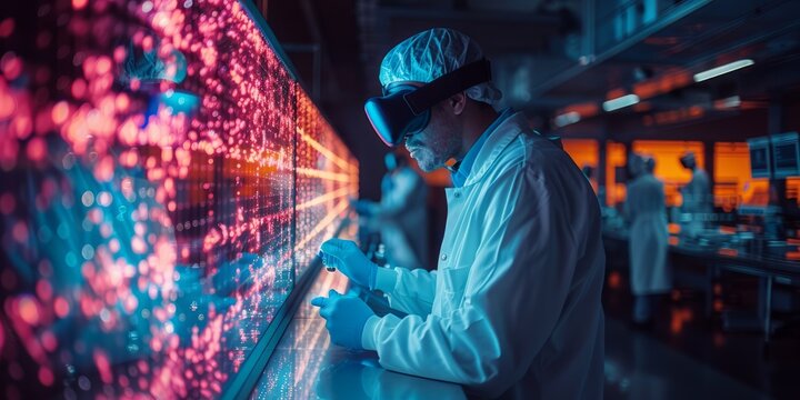 Scientist using a virtual reality headset to analyze vibrant data visualizations in a futuristic laboratory