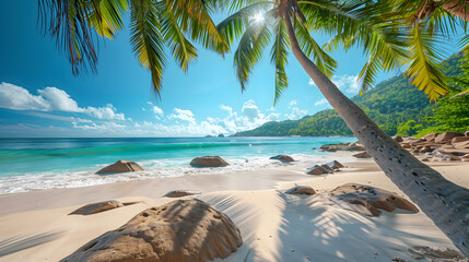 Palm trees and granite rocks in the white sand on seychelles beach. Simply paradise