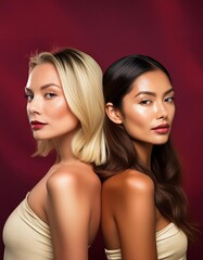 Fototapeta premium studio portrait of a blonde and a brunette female model with nude shoulders on purple bordeaux background 
