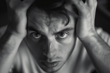 Fototapeta premium Man with hands on head and eyes closed in frustration or deep thought.