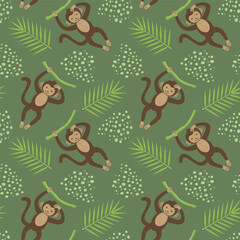 Funny monkey on a green background with leaves and dots.