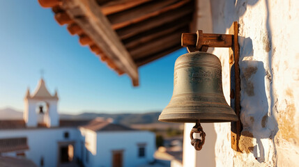 Obraz premium Old metal bell mounted on a wall with a background featuring a white building with a bell tower and distant mountains under a clear blue sky.