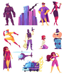 Hand drawn flat superhero element set collection