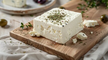 Fresh Block of Feta Cheese Garnished with Herbs on Wooden Cutting Board
