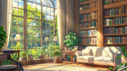 Cozy library interior with large windows, green plants, and bookshelves filled with books, creating a serene reading atmosphere