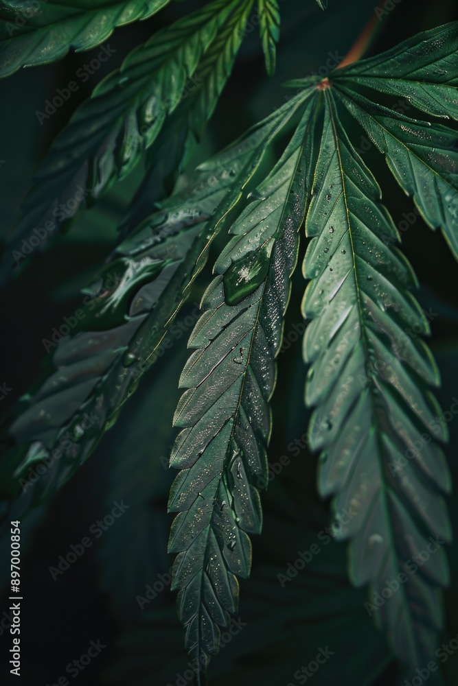 Poster this image features close up details of damp marijuana leaves, showing the intricate texture and vib