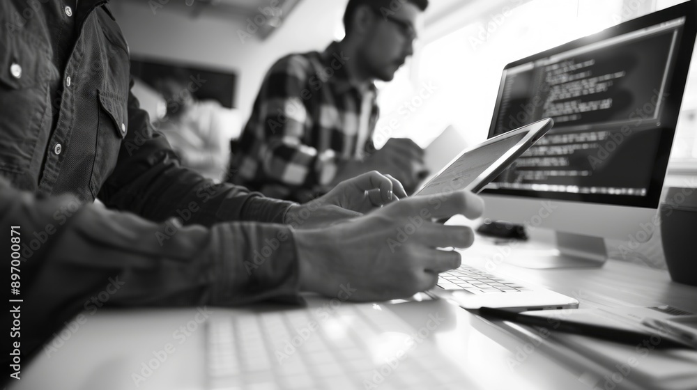 Poster two men working together on a computer, focused on a laptop screen with multiple monitor screens sur