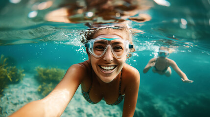 Fototapeta premium Person taking a selfie while snorkeling underwater with another snorkeler in the background in clear blue water.