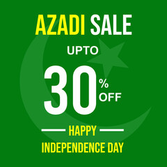 Naklejka premium Azadi sale upto 30% off discount banner design with Pakistani flag in background. Happy Independence Day fourteen of August Pakistan national holiday vector illustration.