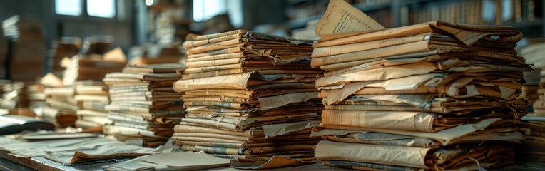 A large collection of old books and documents are stacked on a table in an archive