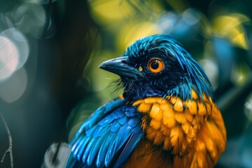 Fototapeta premium Blue and yellow bird with a black beak is turning its head in a lush green forest