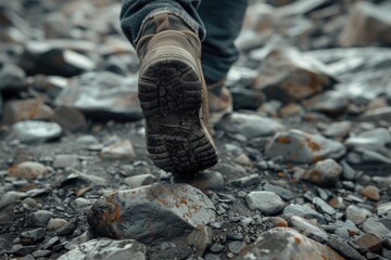Person walking through rugged terrain, possibly after a climb or hike on a rocky mountain side.