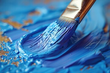 Fototapeta premium A paintbrush applies blue paint to a canvas, creating textured strokes