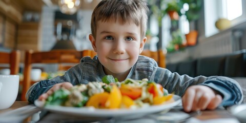 Fototapeta premium Happy boy enjoying a nutritious meal at a restaurant.