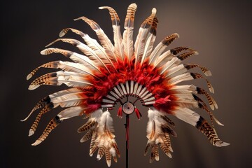 Traditional native american warbonnet with red and white feathers standing on a black background
