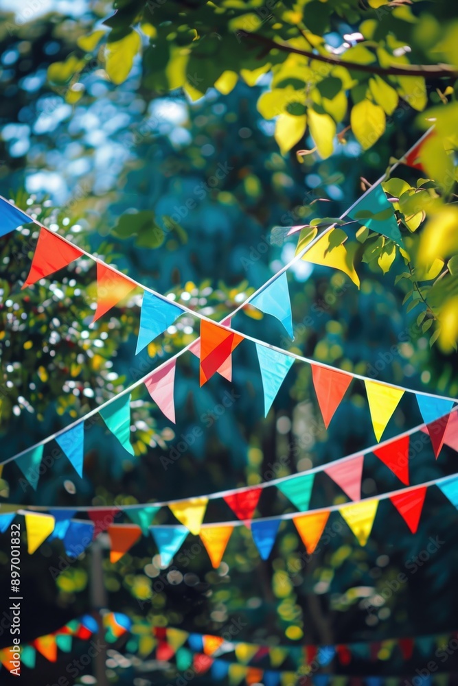 Poster a string of colorful triangular flags hanging in a serene forest setting. great for outdoor events o