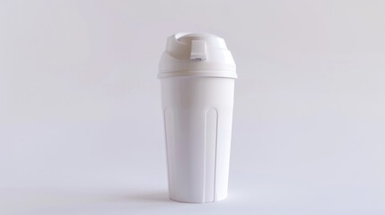 A white thermos with a lid and handle, designed for insulation and portability. Used for keeping beverages hot or cold.